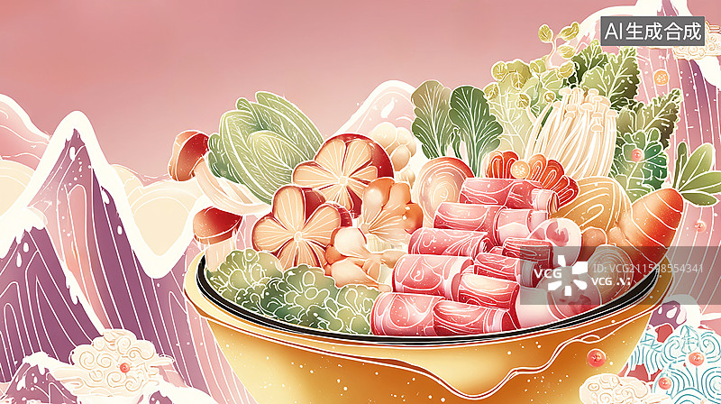 【AI数字艺术】国潮火锅食材插画图片素材