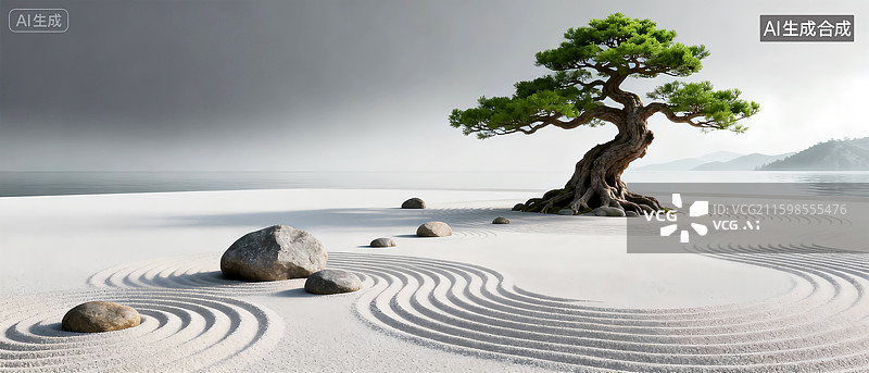 【AI数字艺术】枯山水禅意极简意境 微式园林造景建筑景观设计艺术微缩景观 浅白色系细沙碎石水纹岩石树木植物 安静冥想图片素材