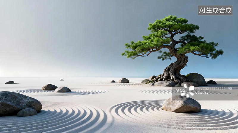 【AI数字艺术】枯山水禅意极简意境 微式园林造景建筑景观设计艺术微缩景观 浅白色系细沙碎石水纹岩石树木植物 安静冥想图片素材