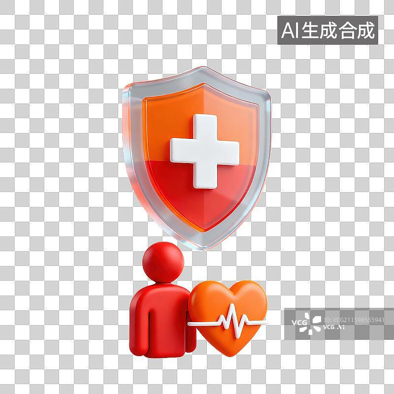 【AI数字艺术】3D三维透明玻璃材质盾牌红十字心跳医疗保险社会保障元素图片素材