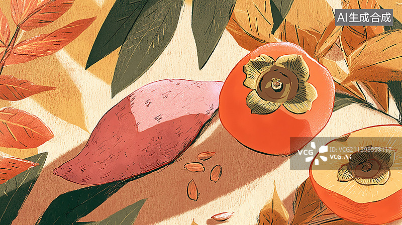 【AI数字艺术】秋收红薯与柿子图片素材