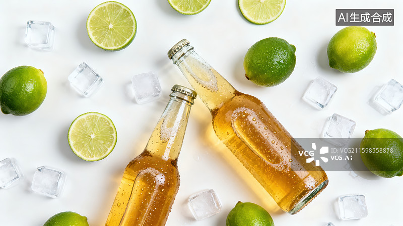 【AI数字艺术】桌面放置的透明啤酒瓶和周边散落的冰块与柠檬图片素材