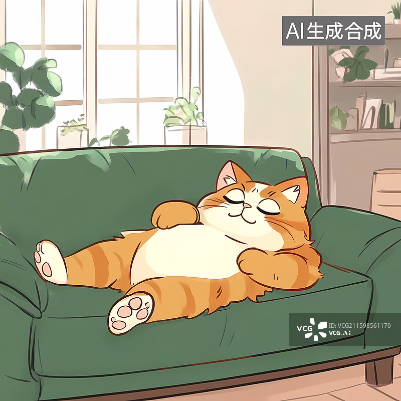 【AI数字艺术】国风卡通加菲猫慵懒睡觉插图图片素材