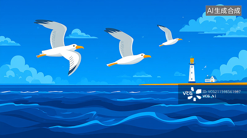 【AI数字艺术】灯塔与海鸥的海景图图片素材