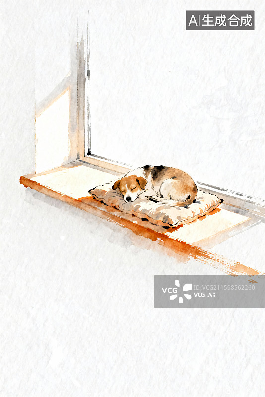 【AI数字艺术】水彩风格窗台暖光下卧眠狗狗插画图片素材