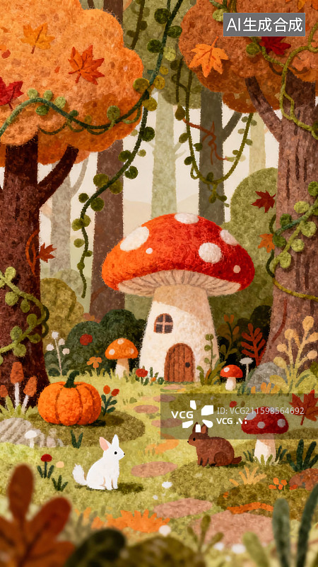 【AI数字艺术】羊毛毡秋景童话世界插画图片素材