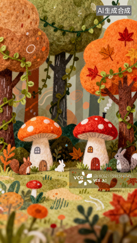 【AI数字艺术】羊毛毡秋景童话世界插画图片素材