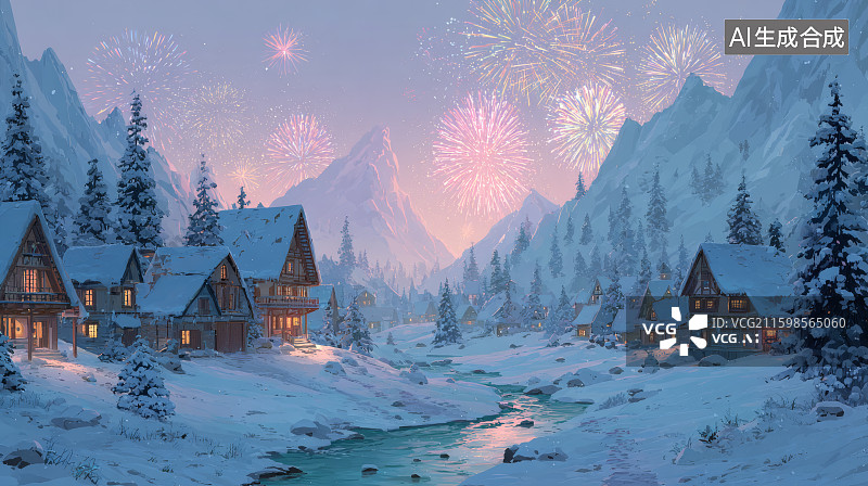 【AI数字艺术】冬天，被积雪覆盖的村庄，远处的雪山，空中燃放的烟花图片素材