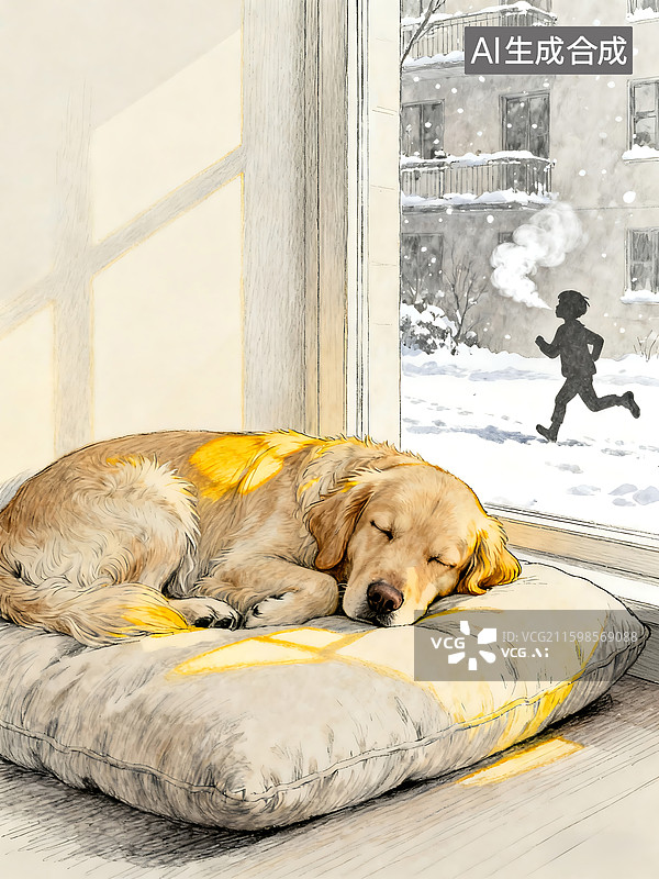 【AI数字艺术】【诗签配图 下午安静】诗签配图 冬日的阳光 温暖，狗狗有睡不完的觉图片素材