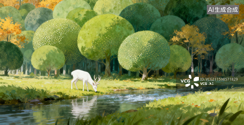 【AI数字艺术】白鹿在溪边饮水的森林场景图片素材