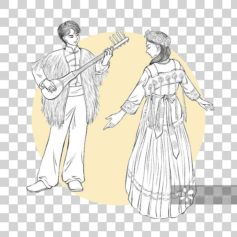 56民族，云南少数民族纳西族，线稿。图片素材