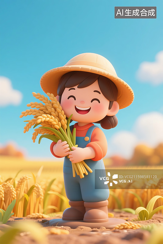 【AI数字艺术】3D三维立体C4D秋天农业农民丰收抱着麦穗稻穗麦子大麦小麦图片素材
