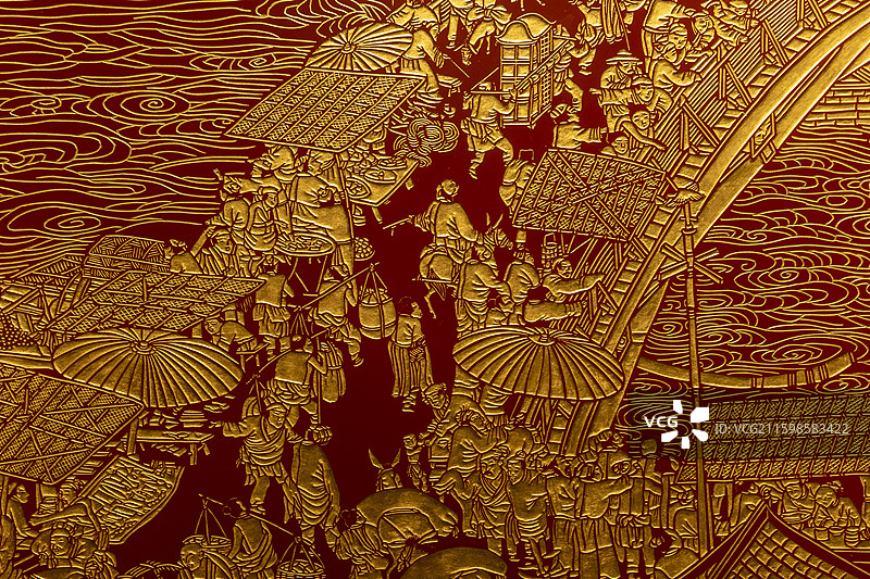 江苏省扬州非遗珍宝馆“扬州漆器馆”：刻漆《清明上河图》地屏（2008年，胡锦涛赠送给沙特王子）图片素材