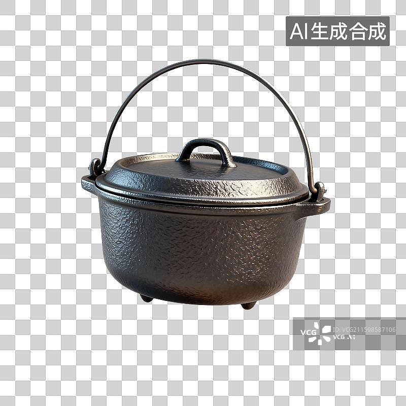 【AI数字艺术】3D渲染，铸铁锅，户外活动，露营，野餐，野炊，炊具，免抠元素图片素材