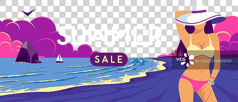 复古夏日大促销海报，一位身着泳衣的女孩图片素材