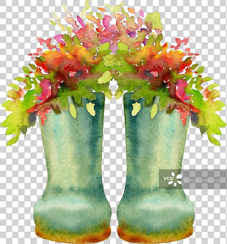 手绘水彩风格的春季园艺鞋图片素材