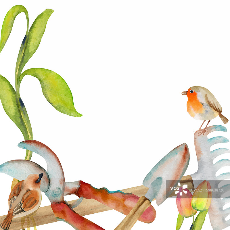 手绘水彩春季园艺工具图片素材