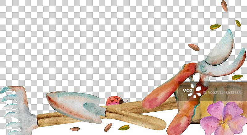 手绘水彩风格的春季园艺工具图片素材