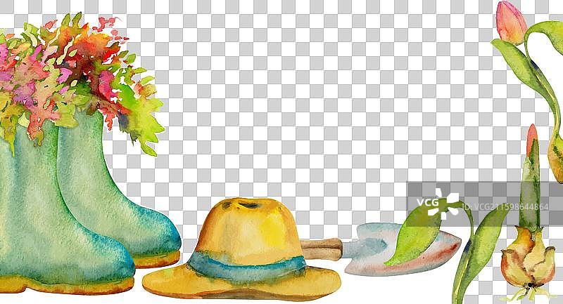 手绘水彩春季园艺工具图片素材