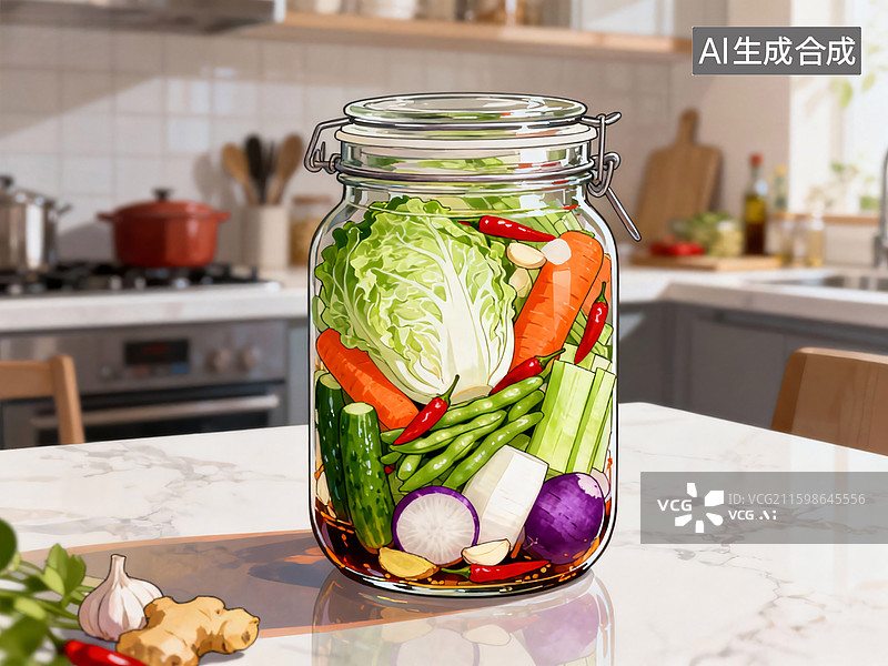 【AI数字艺术】玻璃罐腌制新鲜蔬菜图片素材