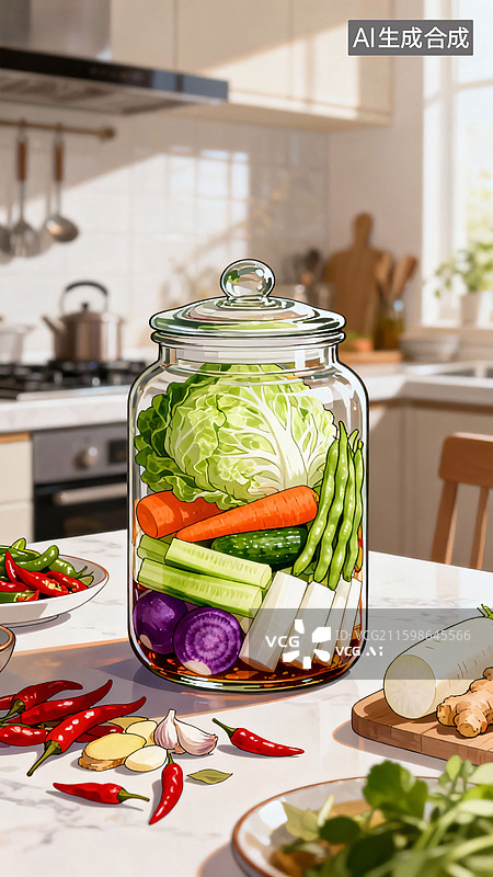 【AI数字艺术】玻璃罐腌制新鲜蔬菜图片素材