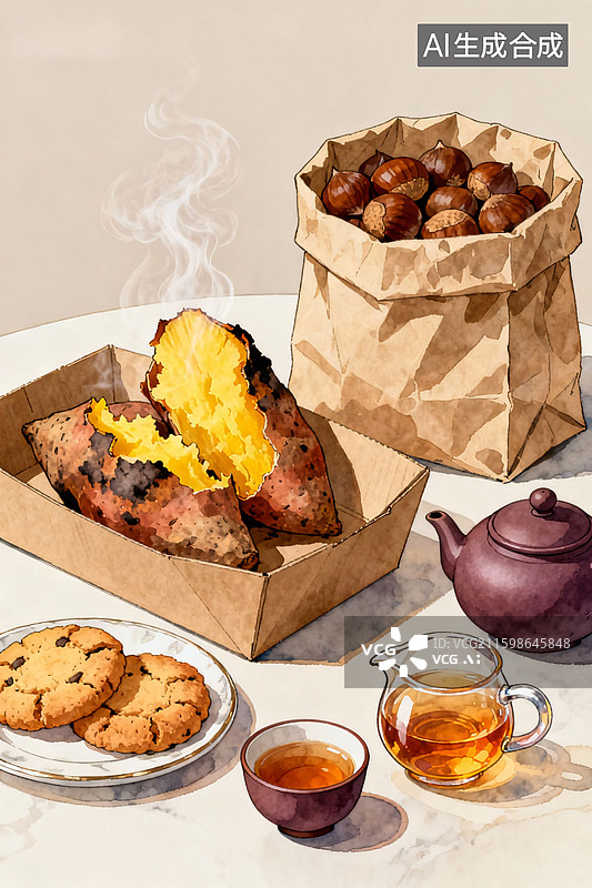 【AI数字艺术】烤红薯板栗下午茶图片素材