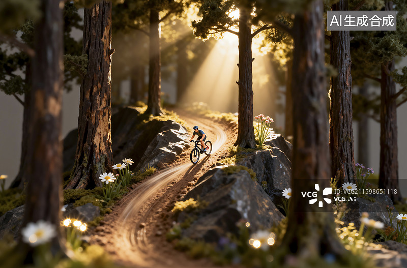 【AI数字艺术】森林中骑行的微型场景图片素材