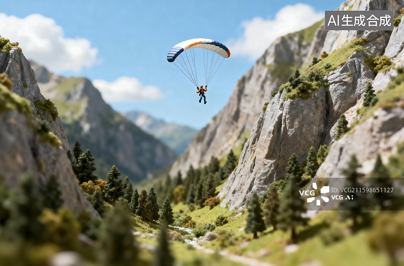 【AI数字艺术】山间滑翔伞飞行景象图片素材