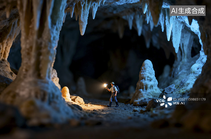 【AI数字艺术】洞穴中微型探险者图片素材