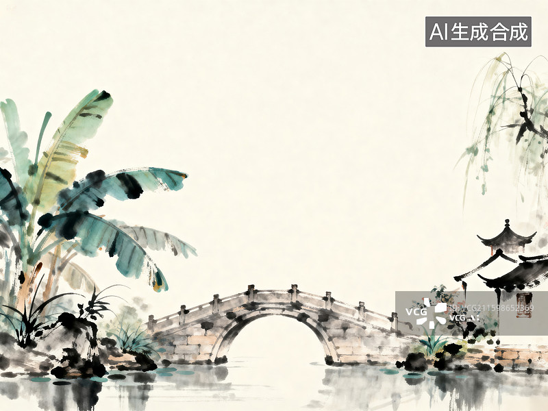 【AI数字艺术】中式山水拱桥图片素材