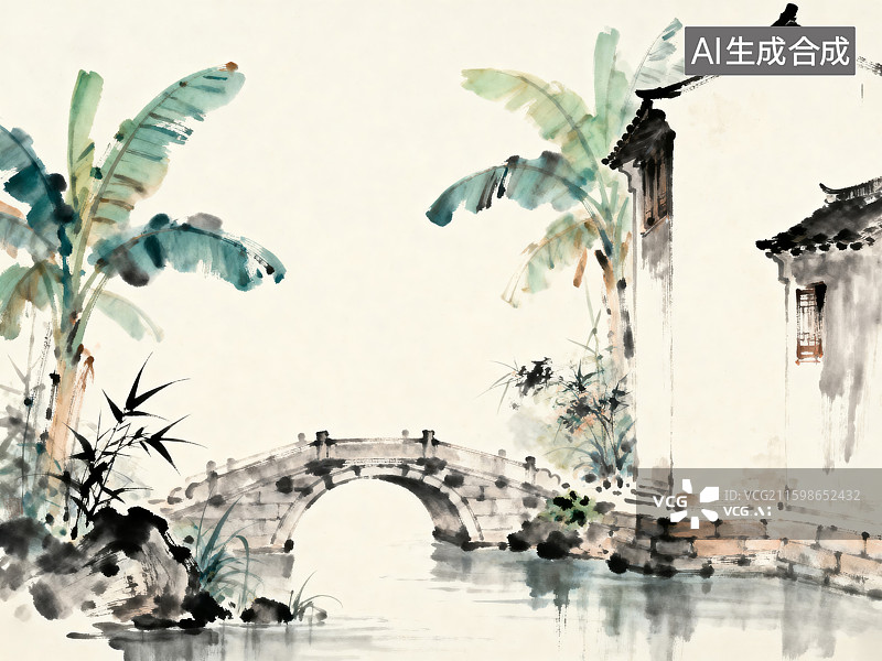 【AI数字艺术】中式山水拱桥图片素材