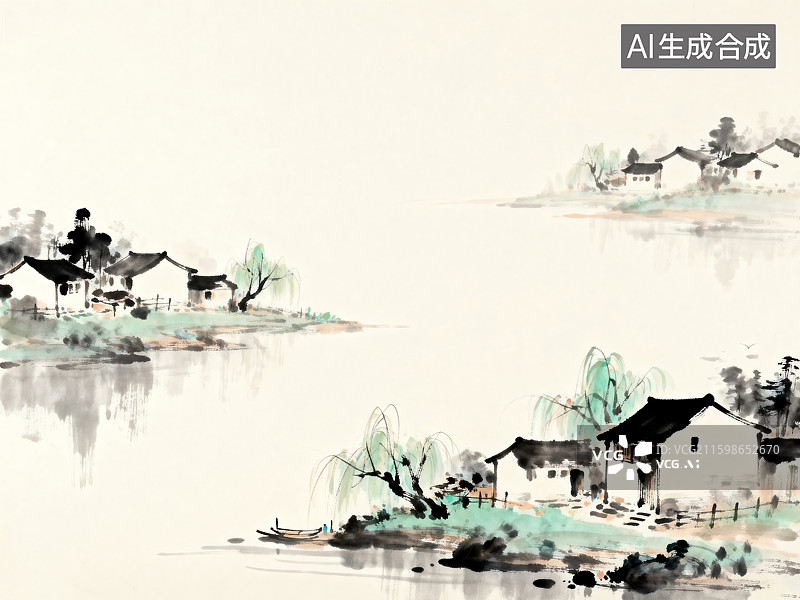 【AI数字艺术】传统水墨描绘宁静水乡景象图片素材
