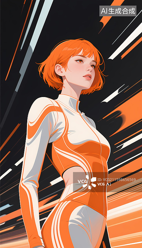 【AI数字艺术】橙发少女身着未来感紧身服图片素材