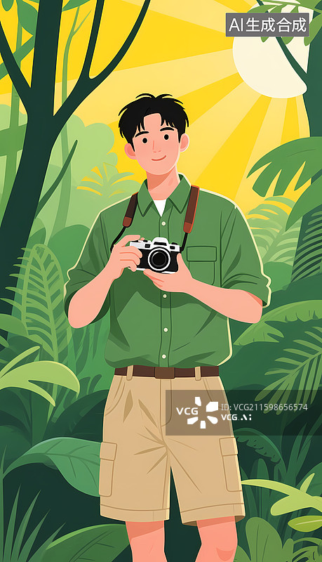 【AI数字艺术】绿衣男子丛林持相机拍摄图片素材