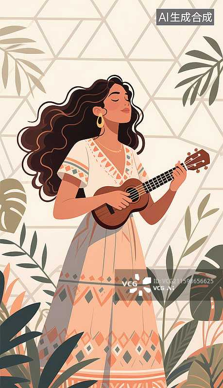 【AI数字艺术】女子弹奏尤克里里享受音乐时光图片素材