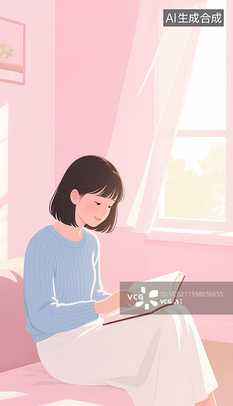 【AI数字艺术】少女窗边静读温馨时光图片素材