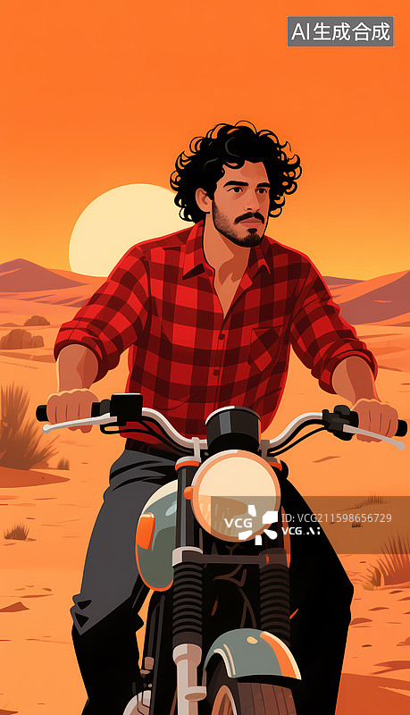 【AI数字艺术】红格衬衫男子骑摩托穿行沙漠图片素材