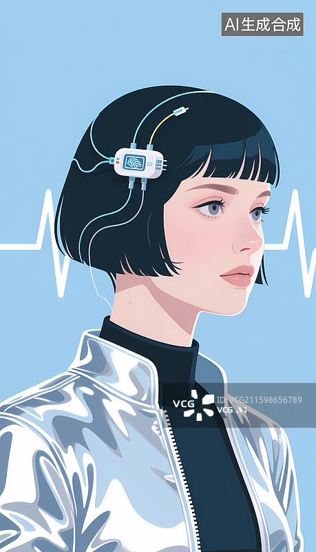 【AI数字艺术】科技少女佩戴脑电监测设备图片素材
