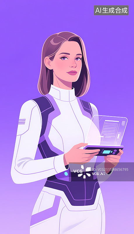 【AI数字艺术】未来女科学家手持透明平板图片素材