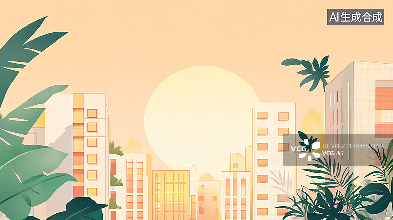 【AI数字艺术】城市与植物的温暖黄昏图片素材