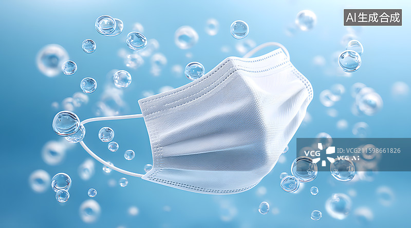 【AI数字艺术】一个白色的口罩周围飞散着气泡图片素材