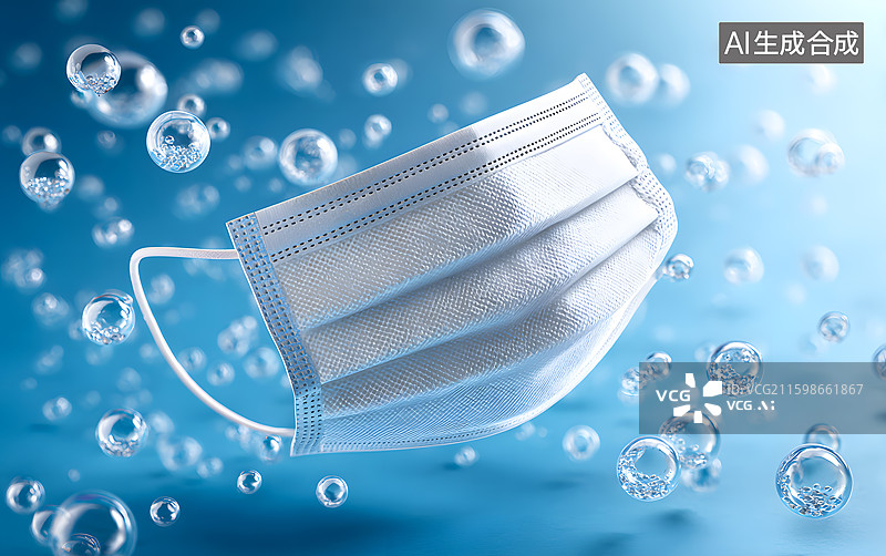 【AI数字艺术】一个白色的口罩周围飞散着气泡图片素材