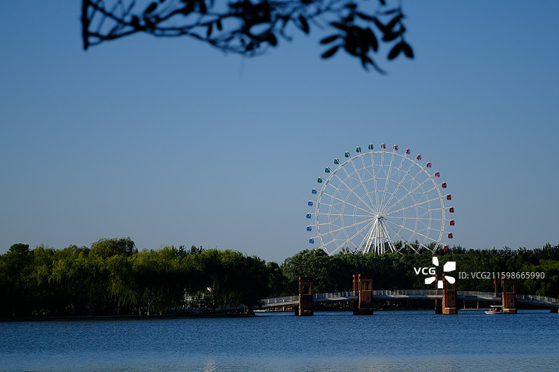 石家庄植物园蓝色天空背景下湖水摩天轮。柳条柳树游船晴空万里PPT风景背景图图片素材