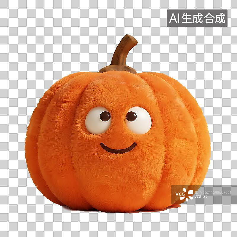 【AI数字艺术】【免抠元素 秋季景物3D元素】毛绒南瓜图标，明亮的橙色，拟人化设计，带有眼睛和微笑图片素材