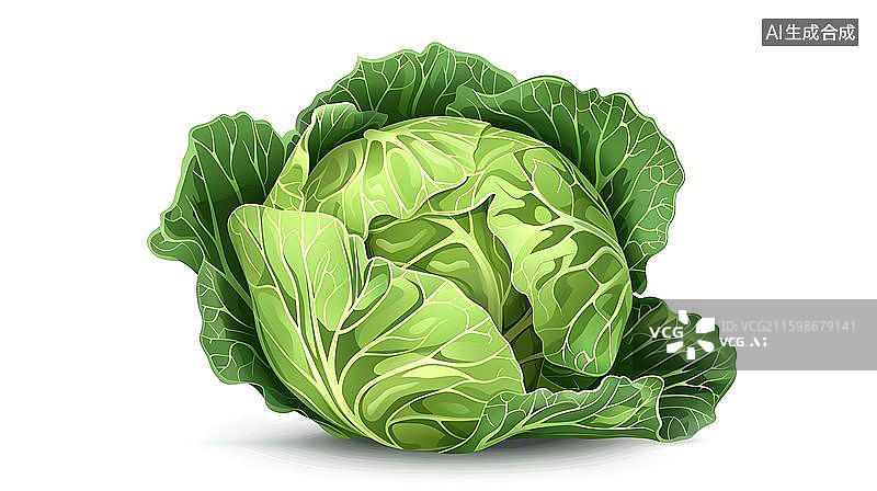 【AI数字艺术】新鲜绿色卷心菜插画 有机蔬菜包菜手绘   一颗卷心菜特写  新鲜翠绿的圆生菜  白甘蓝图片素材