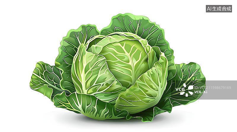 【AI数字艺术】新鲜绿色卷心菜插画 有机蔬菜包菜手绘   一颗卷心菜特写  新鲜翠绿的圆生菜  白甘蓝图片素材