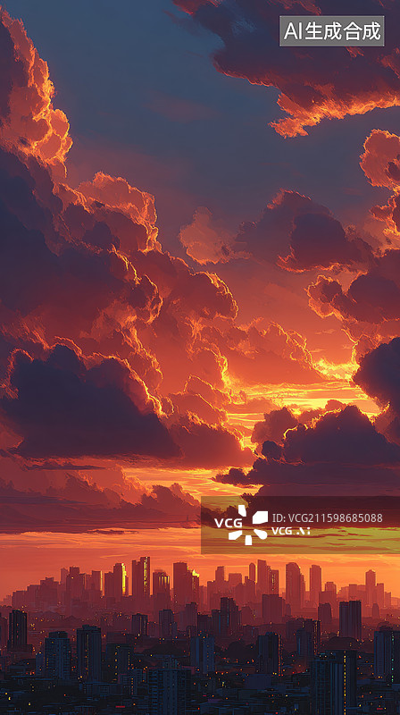【AI数字艺术】城市黄昏云霞壮丽景象图片素材