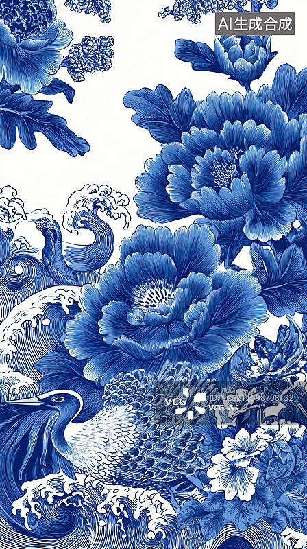 【AI数字艺术】青花瓷风格花卉与波浪图案图片素材