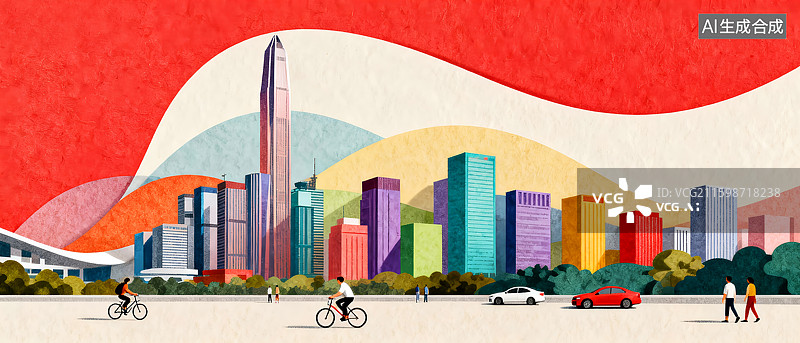 【AI数字艺术】红色背景城市天际线摩天大楼，行人汽车骑车，新年春节马年活动海报展板背景图片素材