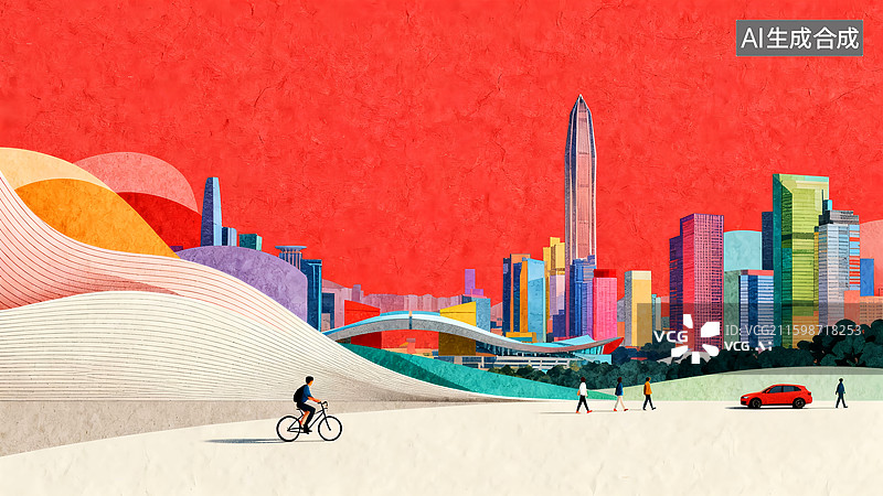 【AI数字艺术】红色背景城市天际线摩天大楼，行人汽车骑车，新年春节马年活动海报展板背景图片素材